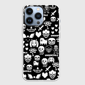 Чехол для iPhone 13 Pro с принтом UNDERTALE PATTERN БЕЛЫЙ в Екатеринбурге,  |  | asriel dreemurr | chara | frisk | gaster blaster | heart | sans | undertale | азриэль дримурр | андертейл | гастер | меттатон | санс | сердце | фриск | чара