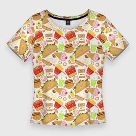 Женская футболка 3D Slim с принтом Продукты Питания в Екатеринбурге,  |  | burger | cheeseburger | fast food | hamburger | hot dog | pizza | блюдо | бургер | быстрое питание | гамбургер | еда | жратва | завтрак | закуска | картошка фри | корм | кушанье | макдоналдс | обед | перекус | пицца | пища | повар