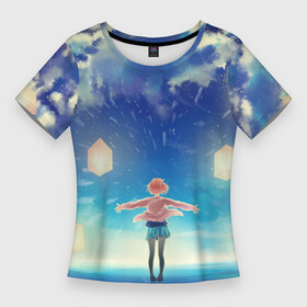 Женская футболка 3D Slim с принтом Курияма фонари в Екатеринбурге,  |  | аниме девочка | за гранью | курияма | курияма мирай | мирай | небо | облака | фонари