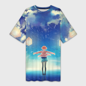 Платье-футболка 3D с принтом Курияма фонари в Екатеринбурге,  |  | аниме девочка | за гранью | курияма | курияма мирай | мирай | небо | облака | фонари