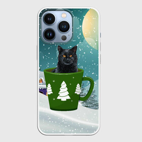 Чехол для iPhone 13 Pro с принтом Черный кот в кружке в Екатеринбурге,  |  | зима | кот | котенок | котик | котики | кошка | новогодняя | новый год | рождество | тепло