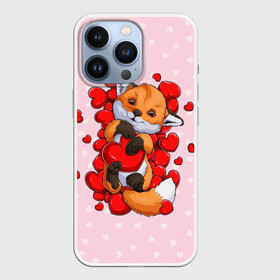 Чехол для iPhone 13 Pro с принтом Лисенок с сердечками   Little fox and hearts в Екатеринбурге,  |  | Тематика изображения на принте: fox | hearts | love | valentines | valentines day | валентинка | влюбленный | день святого валентина | забавный | лиса | лисенок | любовь | милый | сердечко | сердце