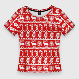 Женская футболка 3D Slim с принтом Новогодний принт с оленями, снежинками, варежками и леденцами в Екатеринбурге,  |  | варежки | зима | зимний | красный | леденцы | новогодний | новый год | олени | орнамент | снежинки | узор