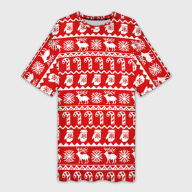 Платье-футболка 3D с принтом Новогодний принт с оленями, снежинками, варежками и леденцами в Екатеринбурге,  |  | варежки | зима | зимний | красный | леденцы | новогодний | новый год | олени | орнамент | снежинки | узор