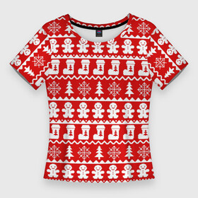 Женская футболка 3D Slim с принтом Новогодний принт с пряничными человечками, елками и снежинками в Екатеринбурге,  |  | елки | зима | зимний | красный | новогодний | новый год | носки | орнамент | пряник | пряничный | снежинки | узор | человечек