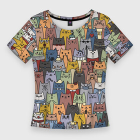 Женская футболка 3D Slim с принтом The Коты в Екатеринбурге,  |  | Тематика изображения на принте: cats | дудлинг | котики | коты | кошки | паттерн