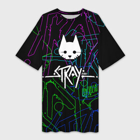 Платье-футболка 3D с принтом Stray  бродяга в Екатеринбурге,  |  | adventure | cat | computer game | emblem | inscription | kitten | logo | lost | neon text | stray | tramp | бродяга | заблудший | компьютерная игра | кот | котёнок | логотип | надпись | неоновый текст | приключения | эмблема