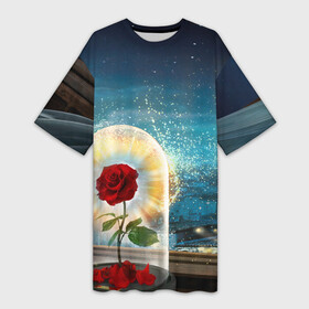 Платье-футболка 3D с принтом Роза в Колбе в Екатеринбурге,  |  | красивая роза | красная роза | лепестки роз | ночь за окном | прозрачная колба | роза | роза и ночь | роза с шипами | цветок в колбе | цветок на окне