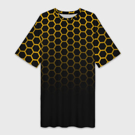 Платье-футболка 3D с принтом Неоновая кольчуга  Gold neon в Екатеринбурге,  |  | geometry | gold | neon | геометрия | железный | желтый | золотая | золото | кольчуга | мед | медовый | неон | неоновый | половина | пчела | соты | черный