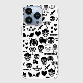 Чехол для iPhone 13 Pro с принтом UNDERTALE WHITE PATTERN в Екатеринбурге,  |  | asriel dreemurr | chara | frisk | gaster blaster | heart | sans | undertale | азриэль дримурр | андертейл | гастер | меттатон | санс | сердце | фриск | чара