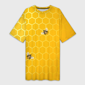 Платье-футболка 3D с принтом Любишь мед, люби и пчелок в Екатеринбурге,  |  | мед | насекомые | пчелки | пчелы | соты | шестиугольники