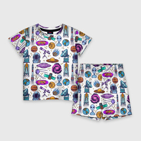 Детский костюм с шортами 3D с принтом космическая графика в Екатеринбурге,  |  | cosmos | астрономия | вселенная | галактика | звезды | инопланетяне | космос | нло