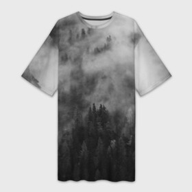 Платье-футболка 3D с принтом ТУМАН НАД ЛЕСОМ. МРАЧНО в Екатеринбурге,  |  | forest | деревья | дым | лес | мрачный лес | природа | туман | туманный лес