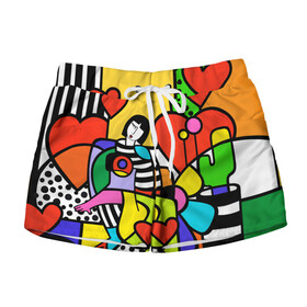 Женские шорты 3D с принтом Romero Britto   valentines day в Екатеринбурге, 100% полиэстер | прямой крой, два кармана без застежек по бокам. Мягкая трикотажная резинка на поясе, внутри которой широкие завязки. Длина до середины бедра | brazilian artist | bright colors | cubism | emoji | girl | hearts | love | pop art | romero britto | valentines day | бразильский художник | девушка | день святого валентина | кубизм | любовь | ромеро бритто | сердца | эмодзи | 