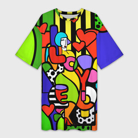 Платье-футболка 3D с принтом Romero Britto  love you. в Екатеринбурге,  |  | brazilian artist | bright colors | cubism | emoji | girl | hearts | love | love you | pop art | romero britto | valentines day | бразильский художник | девушка | день святого валентина | кубизм | люблю тебя | любовь | ромеро бри