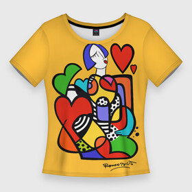 Женская футболка 3D Slim с принтом Girl with hearts в Екатеринбурге,  |  | brazilian artist | bright colors | cubism | emoji | girl | graffiti | hearts | love | pop art | romero britto | valentines day | бразильский художник | граффити | девушка | день святого валентина | кубизм | любовь | ромеро бритт