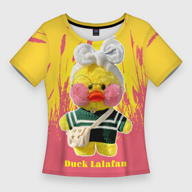 Женская футболка 3D Slim с принтом Duck Lalafanfan в Екатеринбурге,  |  | duck | korean | lalafanfan | rosy cheeks | soft | toy | игрушка | корейская | круглые очки | лалафан | лалафанфан | мягкая | розовые щёки | утка