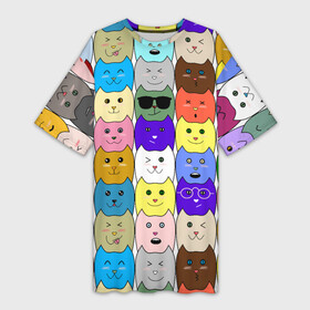 Платье-футболка 3D с принтом Котофон в Екатеринбурге,  |  | животные | звери | котенок | коты | котята | кошка | кошки | люимец | мило | милота | паттерн | питомец | повтор | узор | фломастером | ярко