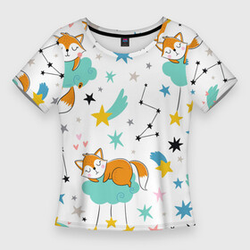Женская футболка 3D Slim с принтом Спящие лисята в Екатеринбурге,  |  | doodle | fox | little fox | дудл | звездочки | звезды | лис | лисенок | лисенок на облаке | лисята | милое создание | рисунок лисы | рыжая лиса | спящий лис