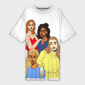 Платье-футболка 3D с принтом Четыре девушки разных национальностей с витилиго в Екатеринбурге,  |  | афроамериканка | боди позитив | витилиго | идуска | ирландка | кожа | красота | любовь | любовь к себе | мода | нежность | пигментация | подруги | русская | сильный пол | слабый | социальные проблемы