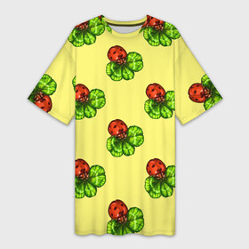Платье-футболка 3D с принтом Божья коровка на клевере. Паттерн. в Екатеринбурге,  |  | акварель | божья коровка | желтый | зеленый | иллюстрация | клевер | коровка божья | листья | на счастье | насекомые | символ удачи | удача | четырехлистник | четырехлистный