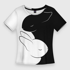 Женская футболка 3D Slim с принтом ЧЕРНЫЙ КРОЛИК и БЕЛЫЙ КРОЛИК (Инь Янь) в Екатеринбурге,  |  | 2023 | белый заяц | белый кролик | заяц | ин ян | ин янь | инь янь | кролик | кролики | новый год | подарок на новый год | черный заяц | черный кролик