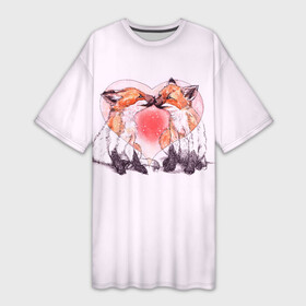 Платье-футболка 3D с принтом Лисья Любовь (Влюблённые) в Екатеринбурге,  |  | 14 февраля | 8 марта | fox | i love you | love is | валентин | день святого | животные | игрушка | лиса | любовь | надпись | парные | поцелуй | сердечки | сердце | текст | химия | я тебя люблю