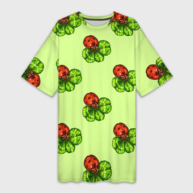 Платье-футболка 3D с принтом Божья коровка и клевер на зеленом. в Екатеринбурге,  |  | 4 х листник | green | ladybird | ladybug | акварель | божьи коровки | божья коровка | зеленый | клевер | насекомое | насекомые | примета | символ счастья | удача | четырехлистник