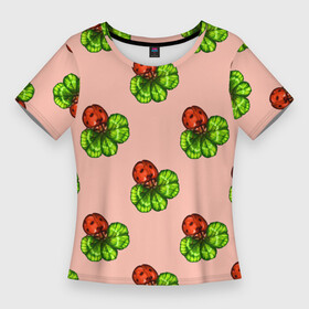 Женская футболка 3D Slim с принтом Божья коровка и клевер на розовом. в Екатеринбурге,  |  | 4х листник | ladybug | божьи коровки | божья коровка | клевер | на счастье | на удачу | насекомое | насекомые | паттерн | розовый | символ счастья | символы удачи | четырехлистник