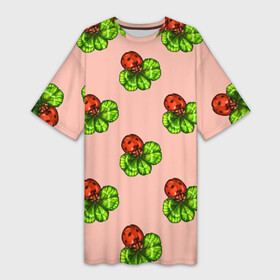 Платье-футболка 3D с принтом Божья коровка и клевер на розовом. в Екатеринбурге,  |  | 4х листник | ladybug | божьи коровки | божья коровка | клевер | на счастье | на удачу | насекомое | насекомые | паттерн | розовый | символ счастья | символы удачи | четырехлистник