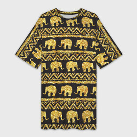Платье-футболка 3D с принтом золотые слоны в Екатеринбурге,  |  | gold | золото | золотой слон | паттерн | слоны | текстуры