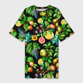 Платье-футболка 3D с принтом Сочные фрукты  персик, груша, слива, ананас в Екатеринбурге,  |  | ананас | гранат | груша | лето | персик | слива | фрукты