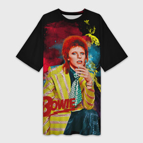 Платье-футболка 3D с принтом Time takes a cigarette в Екатеринбурге,  |  | 70е | bowie | david bowie | rock n roll | starman | ziggy stardust | боуи | дэвид боуи | зигги стардаст | музыка | рок н ролл | стармэн
