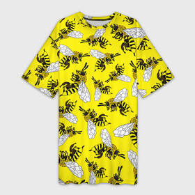 Платье-футболка 3D с принтом Пчелы на желтом в Екатеринбурге,  |  | bee | honey | insect | nature | spring | summer | sunny | yellow | весно | желтый узор | жук | крылья | лето | мед | много насекомых | насекомые | оса | пасечник | природа | пчела | пчелиный рой | пчелка | пчеловод | пчелы | рой пчел