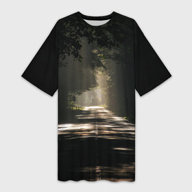 Платье-футболка 3D с принтом Тенистый путь в Екатеринбурге,  |  | асфальт | деревья | дорога | дымка | лес | природа | рассвет | светлый | серый | солнечные лучи | тропа