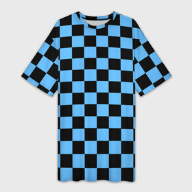 Платье-футболка 3D с принтом Шахматная доска  Синяя в Екатеринбурге,  |  | в клетку | квадрат | квадратики | синий | шахматный принт | шахматы | шашки