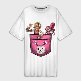 Платье-футболка 3D с принтом Тина в кармане  Tiny Tina s в Екатеринбурге,  |  | borderlands | bunny | dragon | girl | keep | mask | on | rocket | tina | tinas | tiny | wonderlands | в | девочка | дракона | игрушка | карман | кармане | кролик | маленькая | маска | подземелье | ракета | розовый | тина