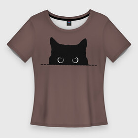 Женская футболка 3D Slim с принтом Черная кошка выглядывает из укрытия в Екатеринбурге,  |  | black | cat | from | head | kitty | peeps | shelters | stylish | выглядывает | глаза | голова | из | кот | кота | котенок | кошка | круглые | нарисованная | очки | стильный | укрытия | черная
