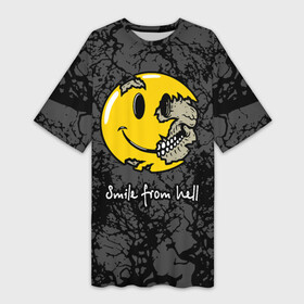 Платье-футболка 3D с принтом Smile from hell в Екатеринбурге,  |  | death | from hell | skull | smile | smiley torn | из ада | смайлик разорванный | улыбка | череп