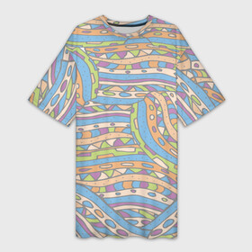 Платье-футболка 3D с принтом Разноцветный геометрический узор в стиле дудл в Екатеринбурге,  |  | абстракция | белый | геометрический | детский | дудл | женский | зеленый | каракули | квадратики | линии | оранжевый | пастельные цвета | пастельный | пестрый | приглушенные тона | разноцветный