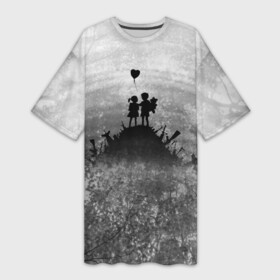 Платье-футболка 3D с принтом Бэнкси Дети Любовь Banksy в Екатеринбурге,  |  | art | banksy | create | kid | love | peace | бенкси | бэнкси | граффити | дети | исскуство | лес | любовь | мир | небо | текстура | узоры | художник | чб | шар