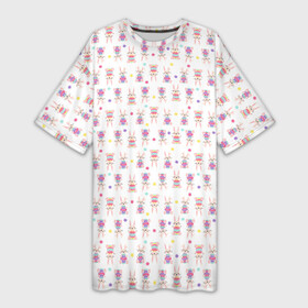 Платье-футболка 3D с принтом Веселые кролики с пасхальными яйцами в Екатеринбурге,  |  | Тематика изображения на принте: белый фон | бирюзовый | детский | желтый | зайчик | заяц | кролик | мультяшный стиль | пастельные тона | пасха | пасхальный | персонаж | розовый | фиолетовый | яйцо