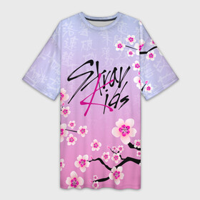 Платье-футболка 3D с принтом Stray Kids цветы сакуры в Екатеринбурге,  |  | bang chan | changbin | han | hyunjin | k pop | korean pop | lee felix | lee know | seungmin | skz | stray kids | бэнг чан | ли ноу | ли феликс | сакура | скз | стрей кидс | хан | хёнджин | цветы | чана | чангбин
