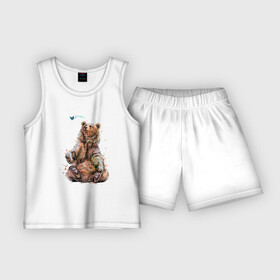 Детская пижама с шортами хлопок с принтом Медведь и бабочка в Екатеринбурге,  |  | bear | grizzly | kuma | гриззли | гризли | грозный | крутой | медведь | медвежонок | мишка | хищник