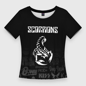 Женская футболка 3D Slim с принтом Scorpions логотипы рок групп в Екатеринбурге,  |  | Тематика изображения на принте: scorpions | группа | клаус майне | маттиас ябс | микки ди | павел мончивода | рудольф шенкер | скорпион | скорпионс | хард | хардрок