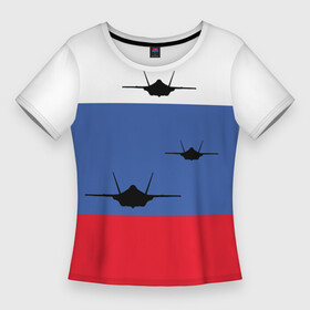 Женская футболка 3D Slim с принтом Триколор с самолетами в Екатеринбурге,  |  | раша | российский флаг | россия | рф | самолеты | триколор | федерация | флаг