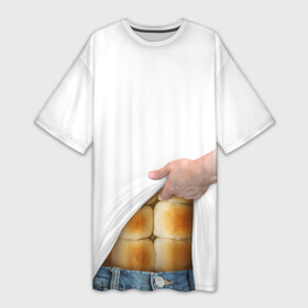 Платье-футболка 3D с принтом Мучные кубики в Екатеринбурге,  |  | булки | джинса | кубики | мучное | пресс | прикол | рука | спорт | хлеб
