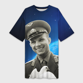 Платье-футболка 3D с принтом Юрий Гагарин с голубем 3D в Екатеринбурге,  |  | Тематика изображения на принте: гагарин | голубь мира | день космонавтики | за мир | космонавт | космонавтика | космос | мир | первый | русский | советский | юрий гагарин