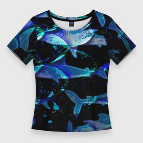 Женская футболка 3D Slim с принтом На дне морском  Акулы в Екатеринбурге,  |  | carcharhinidae | shark | акулы | атака акулы | белые акулы | большая акула | виды акул | встречи с акулами | гигантская акула | древние хищники | животные океана | мегалодон | морские животные