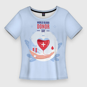 Женская футболка 3D Slim с принтом Помощь. в Екатеринбурге,  |  | благотворительность | донор | крест | кровь | круг | надпись | помощь | рука | сердце